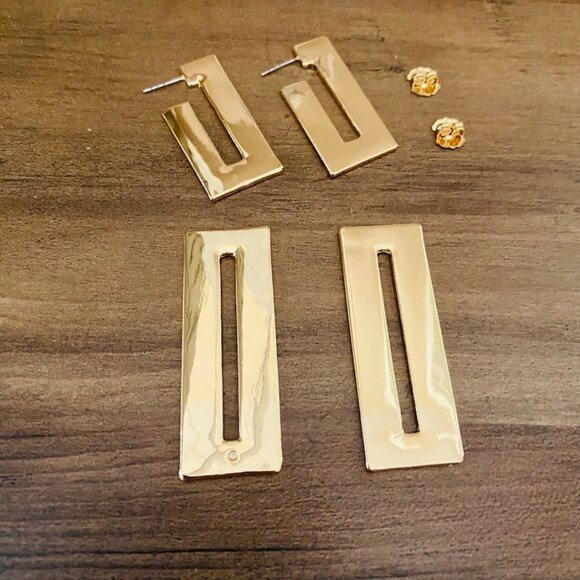 ZARA Gold Geometric Rectangle Drop Earrings – Bold Modern Statement Jewelry - Picture 7 of 8